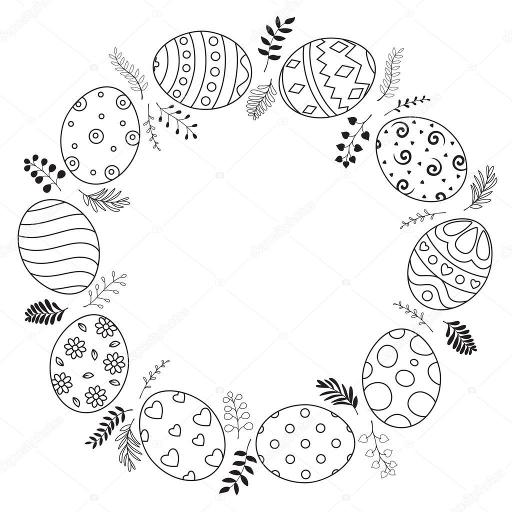Easter wreath with easter eggs hand drawn on white background. Easter eggs with ornaments in circle