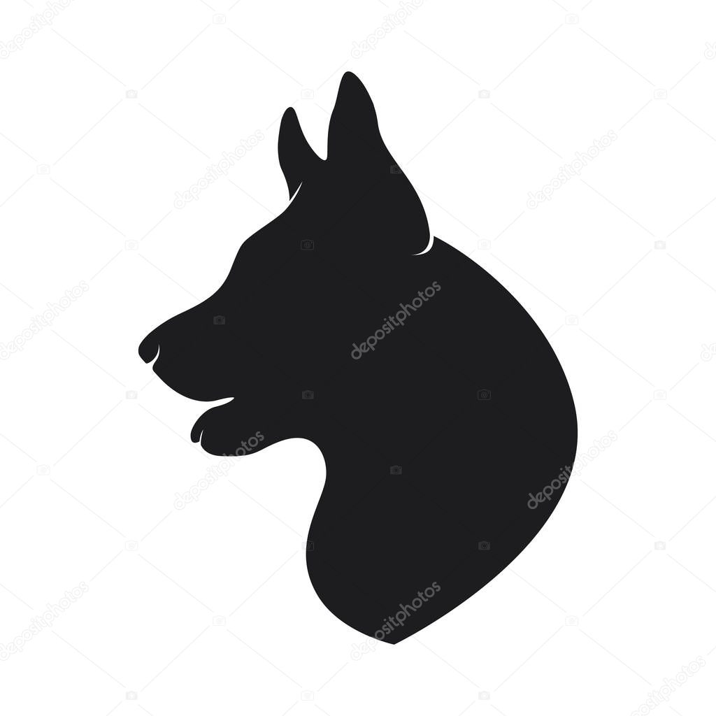 Black silhouette head of the dog on white background