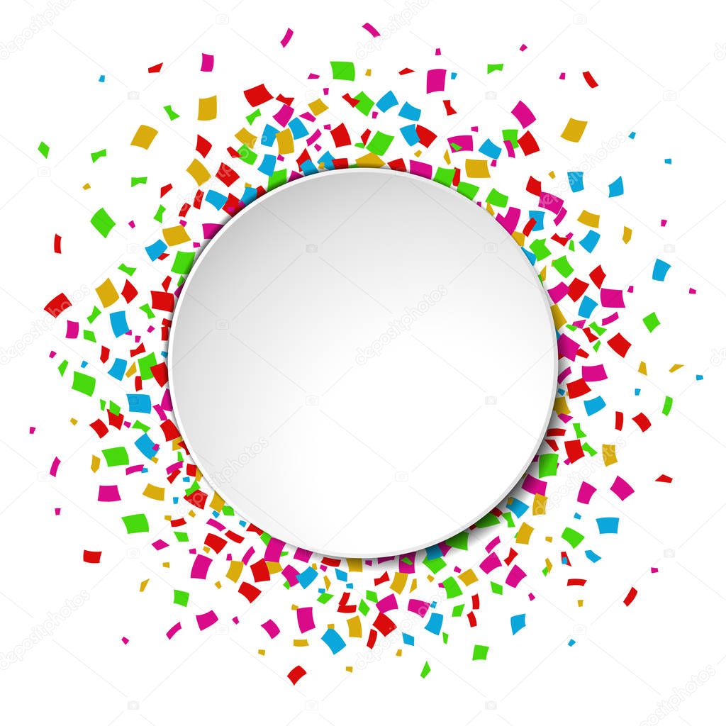 Colorful Confetti round banner with place for text on white background