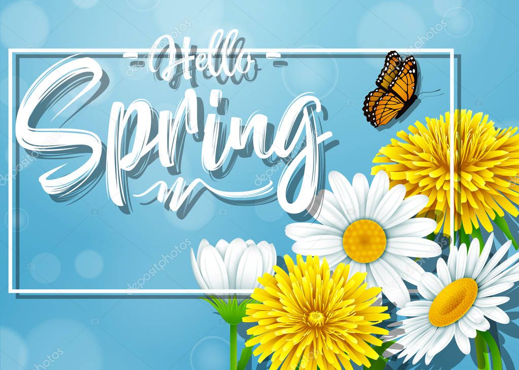 Hello Spring background with flower and butterfly on blue sky background