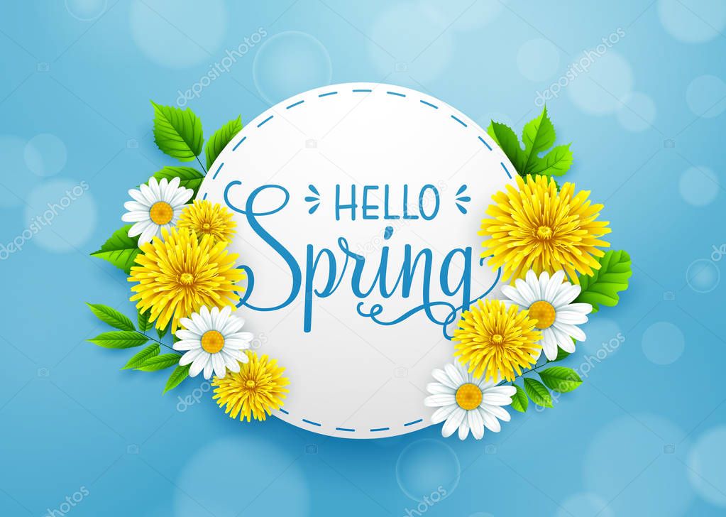 Hello Spring background with wreath, and frame round paper 