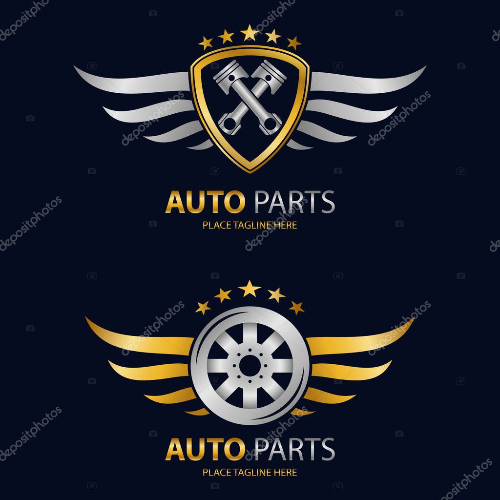 Auto shield icon and winged wheel on black background