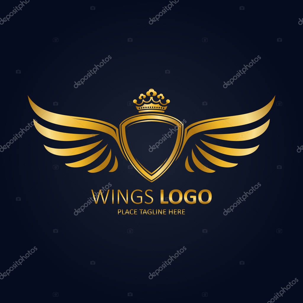 Winged shield gold with crown. Icon template