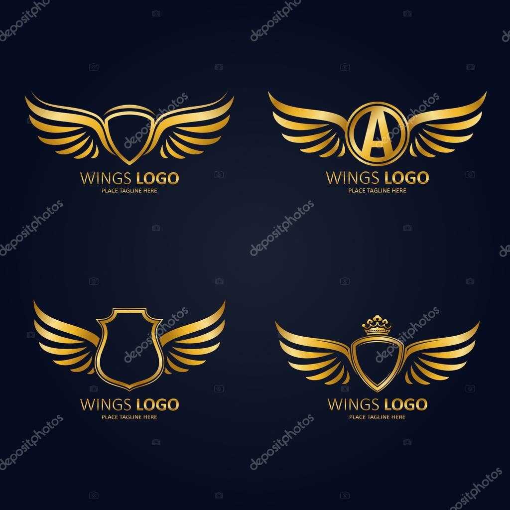 Set of gold heraldic winged shields in different shapes with crowns and Initial Letter A icon