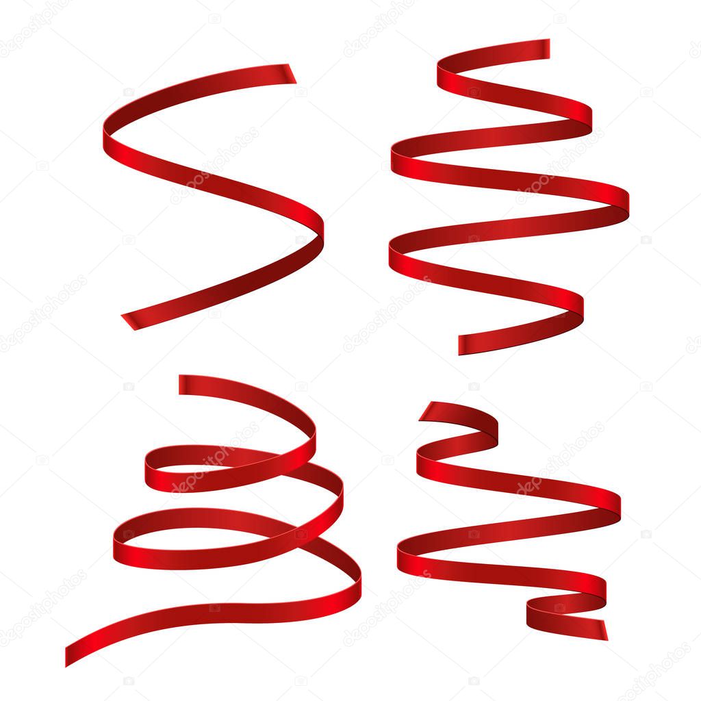 Set of red curling streamers on white background