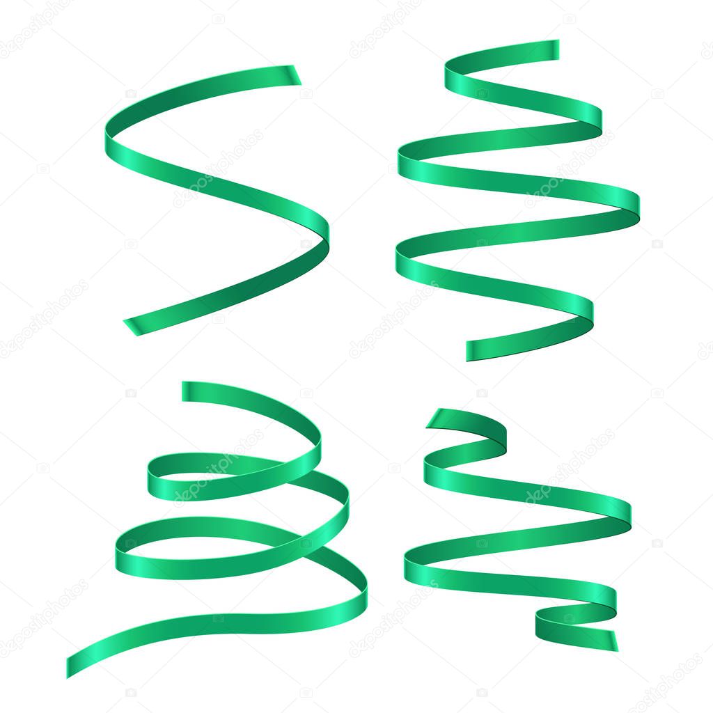 Set of light green curling streamers on white background