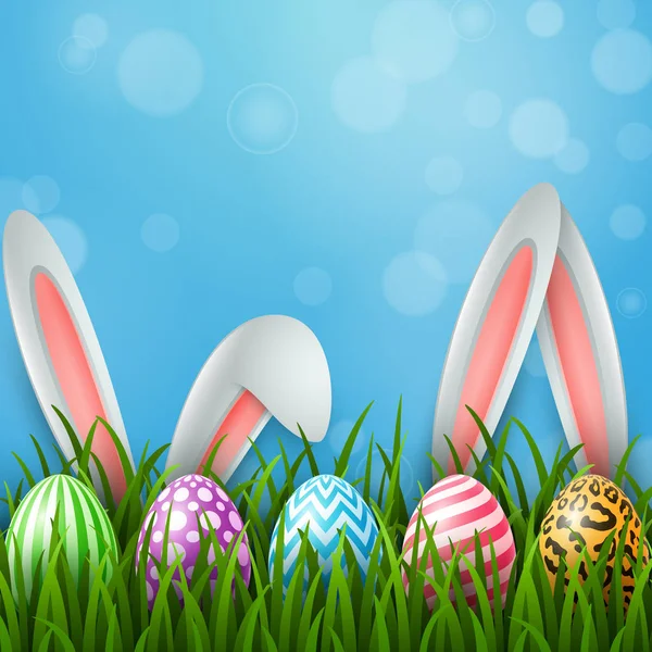 Ostergrußkarte Mit Zwei Hasenohren Und Bunten Eiern Auf Blauem Hintergrund — Stockvektor