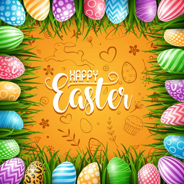 Fröhliche Ostern Hintergrund Mit Bunten Eiern Gras Auf Niedlichen Doodle — Stockvektor