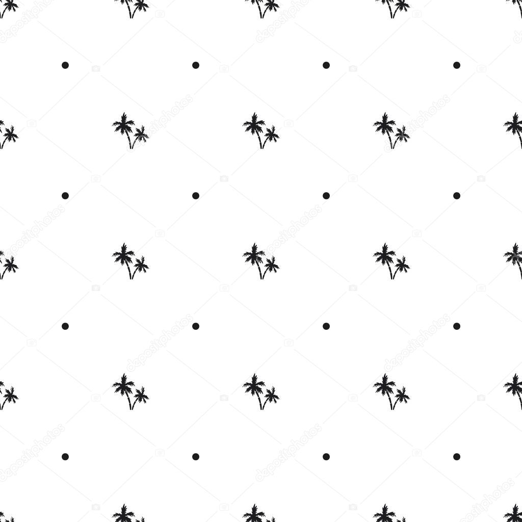 Seamless pattern of small black palm trees and dots on a white background