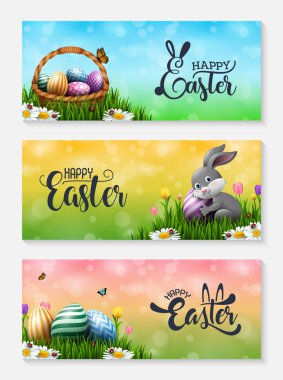 Koleksiyon Paskalya Paskalya yumurtaları, küçük tavşan ve çim sepete afiş