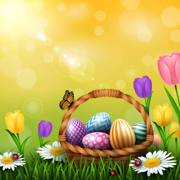 Ostergrußkarte Mit Einem Vollen Korb Voller Bunter Eier Und Blumen — Stockvektor