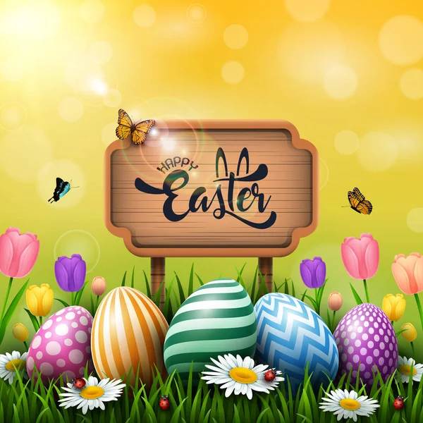 Ostergrußkarte Mit Holzschild Und Bunten Eiern Und Blumen Gras — Stockvektor