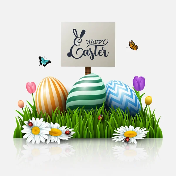 Ostergrußkarte Mit Bunten Eiern Und Blumen Gras — Stockvektor