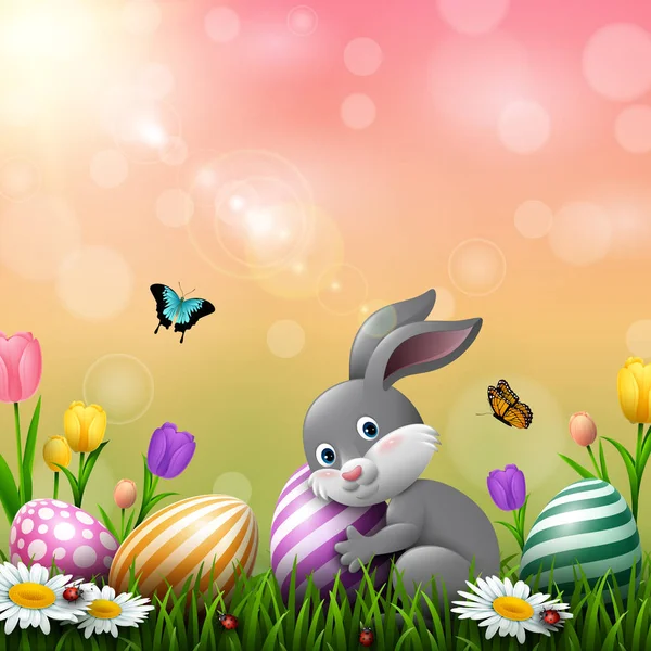 Küçük Bir Tavşan Renkli Yumurta Çiçeklerle Çim Paskalya Tebrik Kartı — Stok Vektör