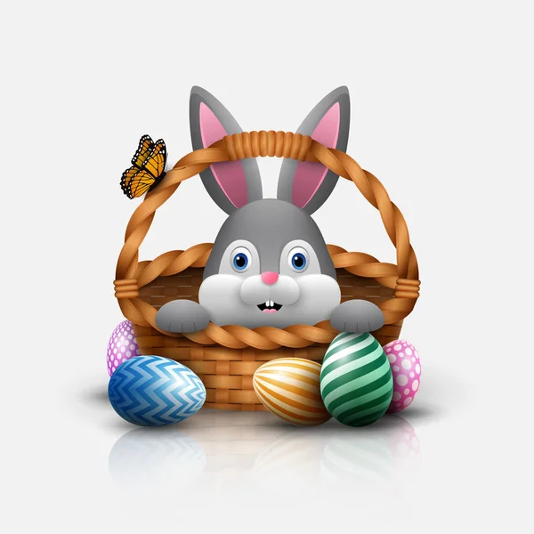 Lindo Conejito Pascua Una Cesta Con Huevos Colores Sobre Fondo — Vector de stock