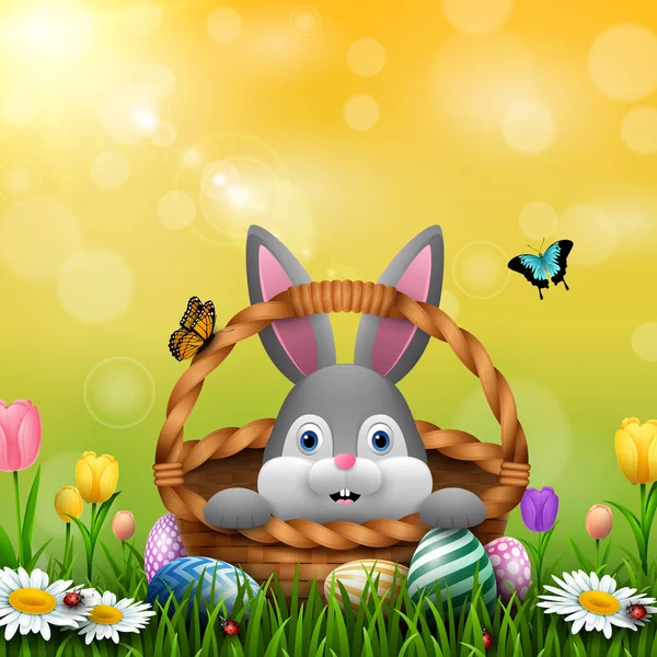 Милый Пасхальный Кролик Корзине Разноцветными Яйцами Траве — стоковый вектор