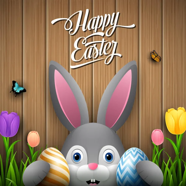Mutlu Paskalya Tavşan Iki Yumurta Ahşap Kahverengi Arka Plan Üzerinde — Stok Vektör