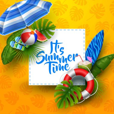 Bu yaz saati afiş tasarım öğeleri metin ve plaj beyaz kare