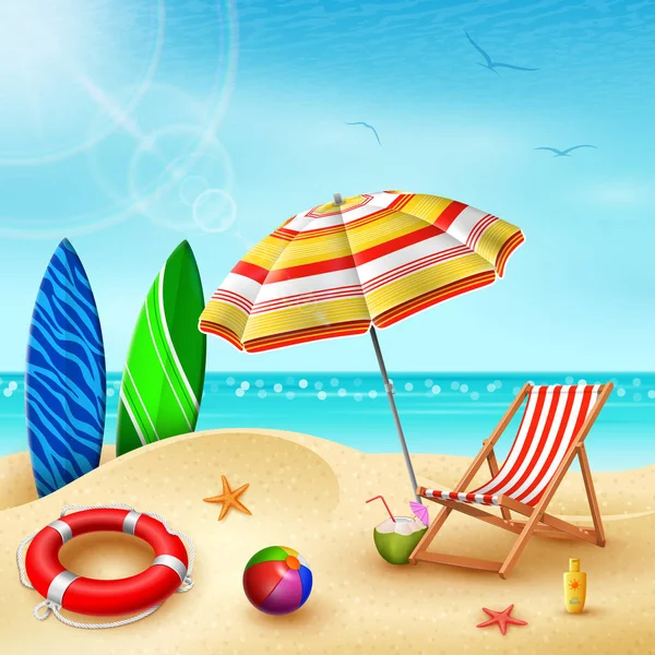 Sommerferien Surfbrett Sonnenschirme Schreibtischstuhl Ball Rettungsring Sonnencreme Seesterne Und Kokoscocktail — Stockvektor