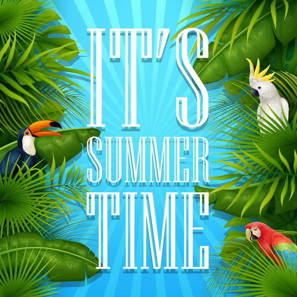 这是夏季时间排版木背景与热带植物 棕榈叶 鹦鹉和鹦鹉 — 图库矢量图片