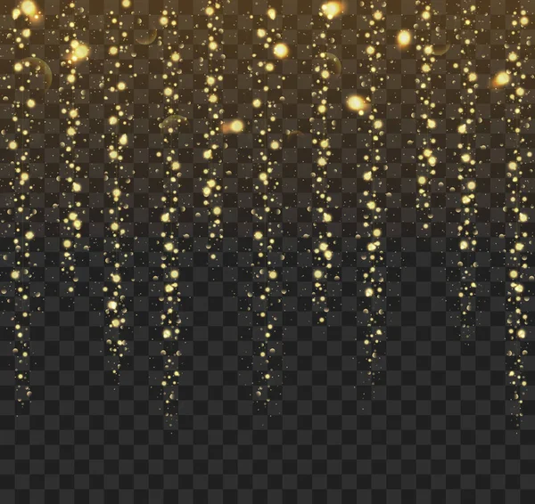 Gloeiende Lichten Gouden Glitter Geïsoleerd Een Zwarte Achtergrond — Stockvector