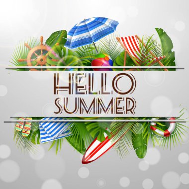 Merhaba yaz ile delik tropikal bırakır. afiş, poster yaz arka plan