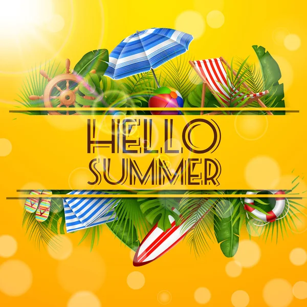 Γεια Σας Καλοκαίρι Φύλλα Τροπικό Στην Τρύπα Banner Αφίσα Καλοκαίρι — Διανυσματικό Αρχείο