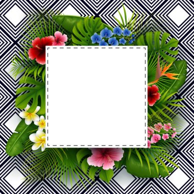 Tropikal yaprak ve çiçek ile yeşil yaz. Vektör çizgili desen arka plan