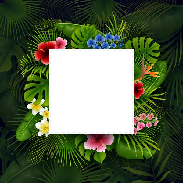 Été Vert Avec Feuilles Fleurs Tropicales Feuillage Vectoriel Avec Cadre — Image vectorielle