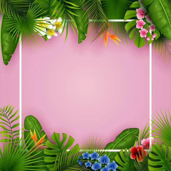 Folhas Flores Tropicais Com Quadro Quadrado Vazio Sobre Fundo Rosa — Vetor de Stock