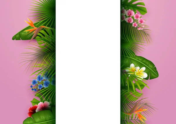 Verano Verde Con Hojas Tropicales Flores Vector Fondo Rosa — Vector de stock