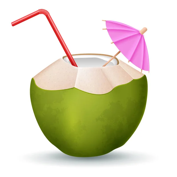 Kokosnoot Cocktail Met Stro Parasol Witte Achtergrond — Stockvector