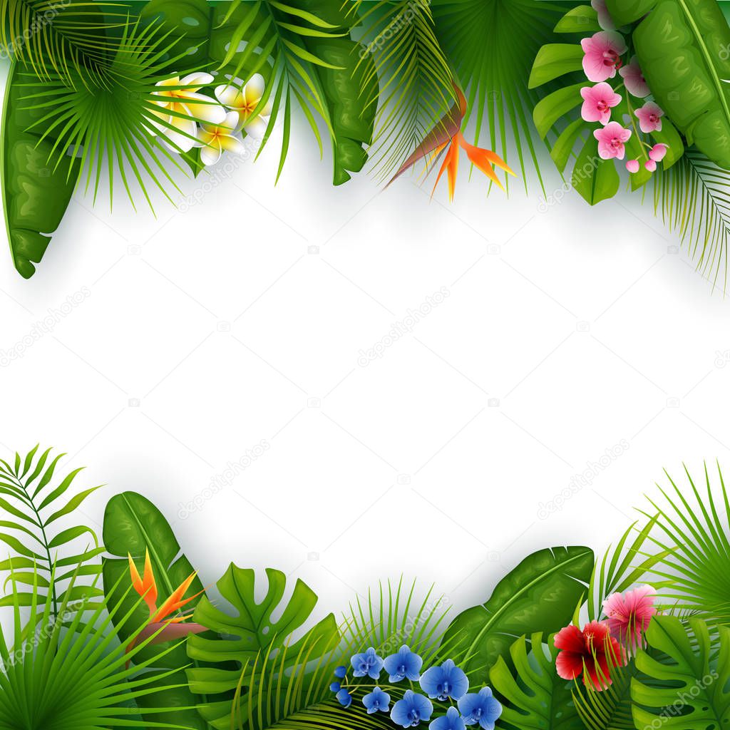 Green summer with tropical leaves and flowers. Isolated on white background