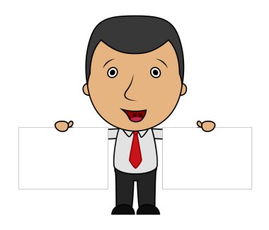 Sevimli çizgi işadamı iki boş işaret tutan