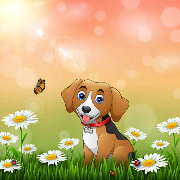 Cartoon Dog Grass Background — Stock Vector