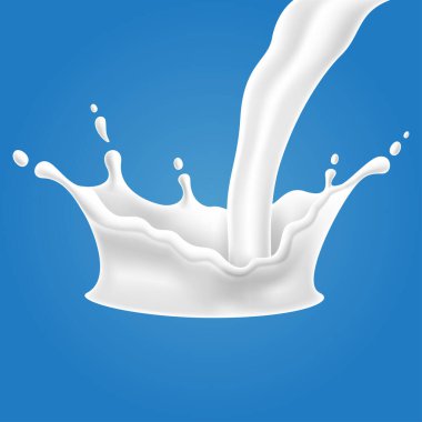 Süt sıçraması ve dökülmesinin vektör çizimleri, gerçekçi süt ürünleri, yoğurt ya da krema, mavi arka planda izole edilmiş..