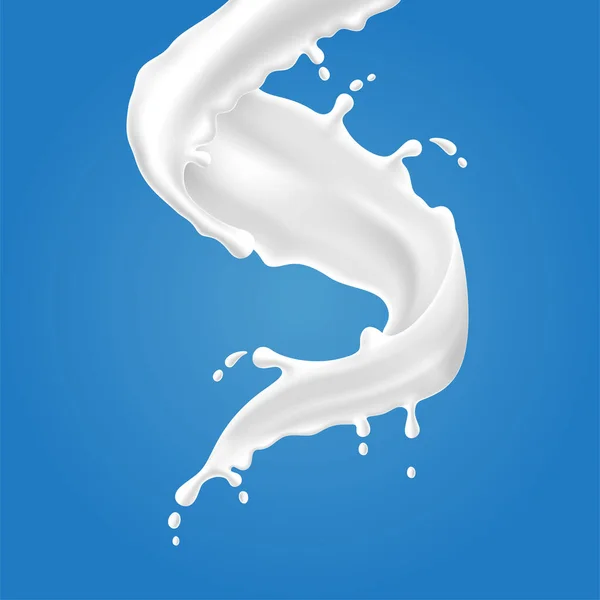 Ilustraciones vectoriales de salpicaduras de leche y verter, productos lácteos naturales realistas, yogur o crema, aislados sobre fondo azul . — Vector de stock