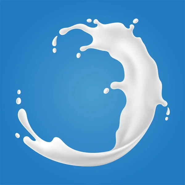 Vektorové ilustrace mléčných stříkanců a nalévání, realistické naturl mléčné výrobky, jogurt nebo smetana, izolované na modrém pozadí. — Stockový vektor