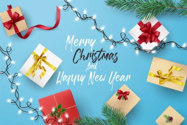 Noel ve Yeni Yıl Kutlama Kartı Noel Süslemeli Elementlerin Kompozisyonu.