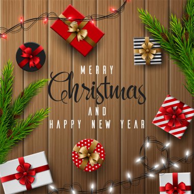 Noel ve Yeni Yıl Kutlama Kartı Noel Süslemeli Elementlerin Kompozisyonu.