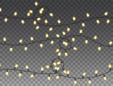 Noel ışıkları gerçekçi tasarım unsurlarını izole etti. Noel tebrik kartı tasarımı için parlayan ışıklar. Çelenkler, Noel süsleri