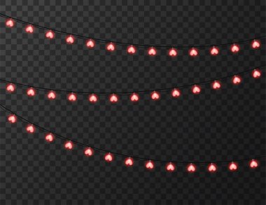 Kalp şeklindeki ışıklar şeffaf arkaplanda izole edilmiş, tasarım vektörü illüstrasyonu