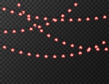 Kalp şeklindeki ışıklar şeffaf arkaplanda izole edilmiş, tasarım vektörü illüstrasyonu