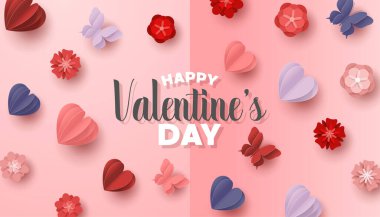 Mutlu sevgililer günü kağıt kesimi tarzı pembe arka planda renkli kalp şeklinde.