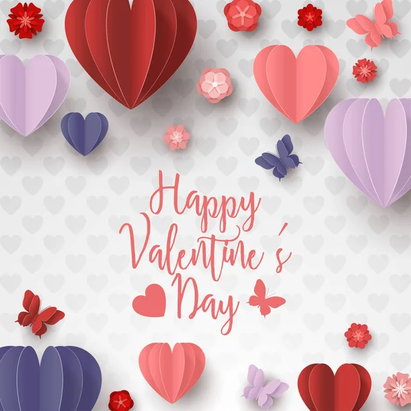 Happy Valentines Day Paper Cut Style Colorful Heart Shape White — Stock Vector