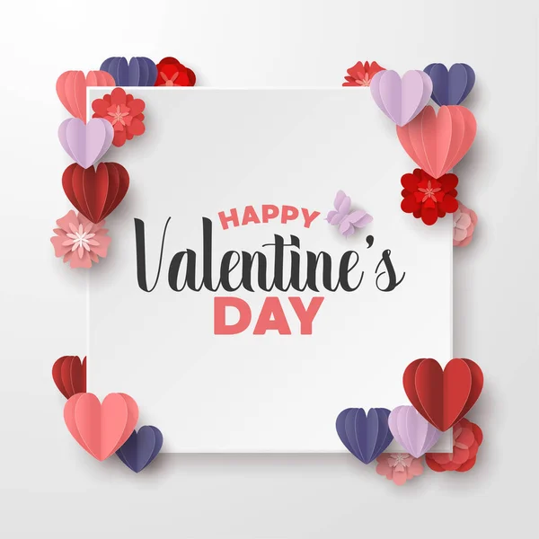 Happy Valentines Day Paper Cut Style Colorful Heart Shape White — Stock Vector