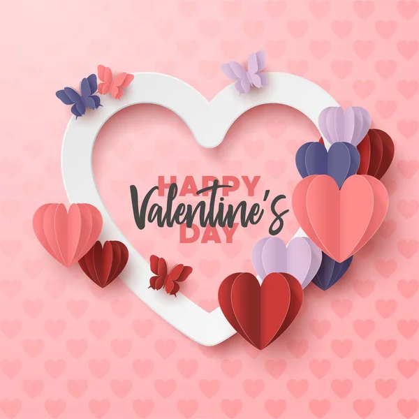 Happy Valentines Day Paper Cut Style Colorful Heart Shape Pink — Stock Vector