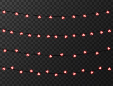 Kalp şeklindeki ışıklar şeffaf arkaplanda izole edilmiş, tasarım vektörü illüstrasyonu