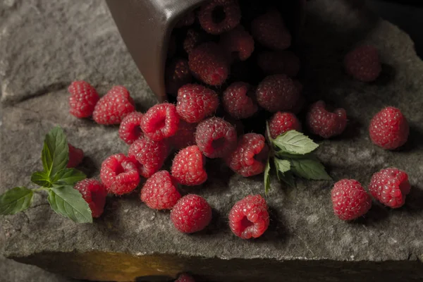 Olgun ahududu siyah arka plan üzerine bir fincan.