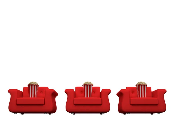Rote Couch Mit Popcorn Auf Weißem Hintergrund — Stockfoto